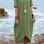 Women Maxi Dress Neck Pocket Summer Loose Casual Baggy Robe Female Retro Long Dresses