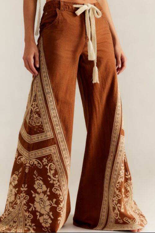 Women’s Retro Patchwork Wide-Leg Pants, High-Waisted Drape Flared Pants, Ethnic Style Tie Casual Pants