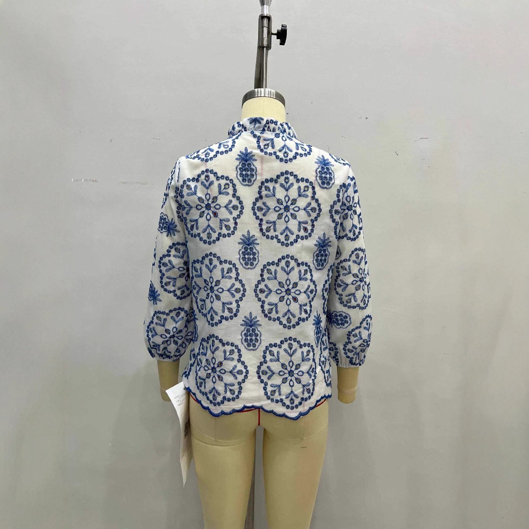 Patterned Stand-up Collar Button-up Top Casual Shirt - Image 4