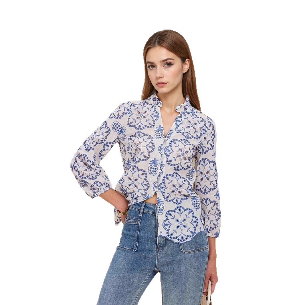 Patterned Stand-up Collar Button-up Top Casual Shirt - Image 5