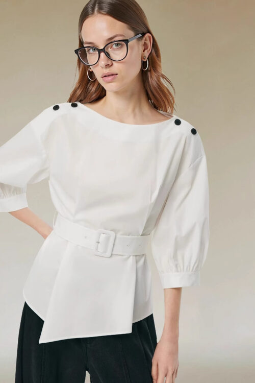 Elegant Shirt With A Belt And Three-quarter-length Sleeves