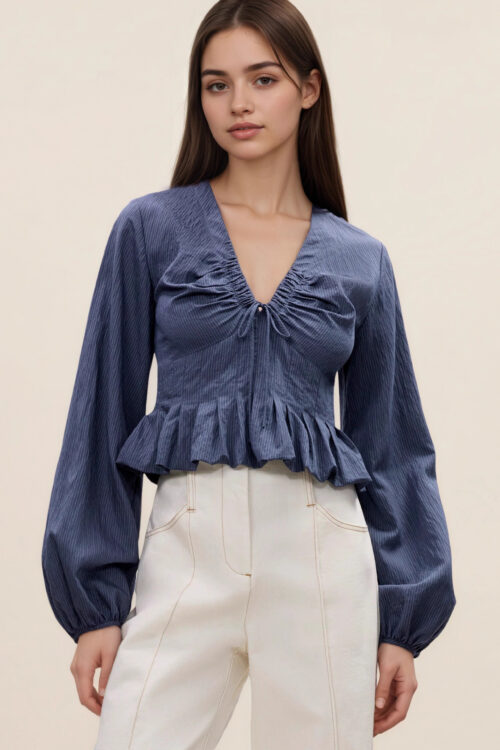 Gentle V-neck Top With Drawstring And Ruffled Hem Detailing