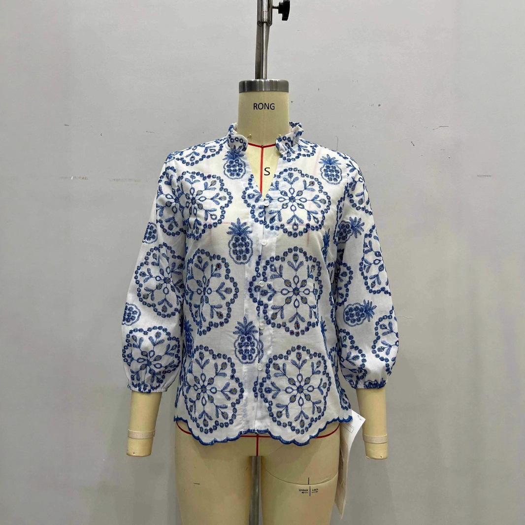 Patterned Stand-up Collar Button-up Top Casual Shirt - Image 3