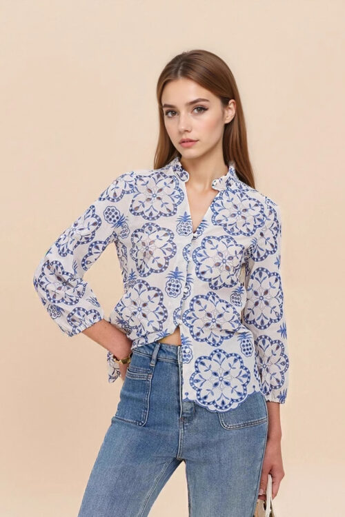 Patterned Stand-up Collar Button-up Top Casual Shirt