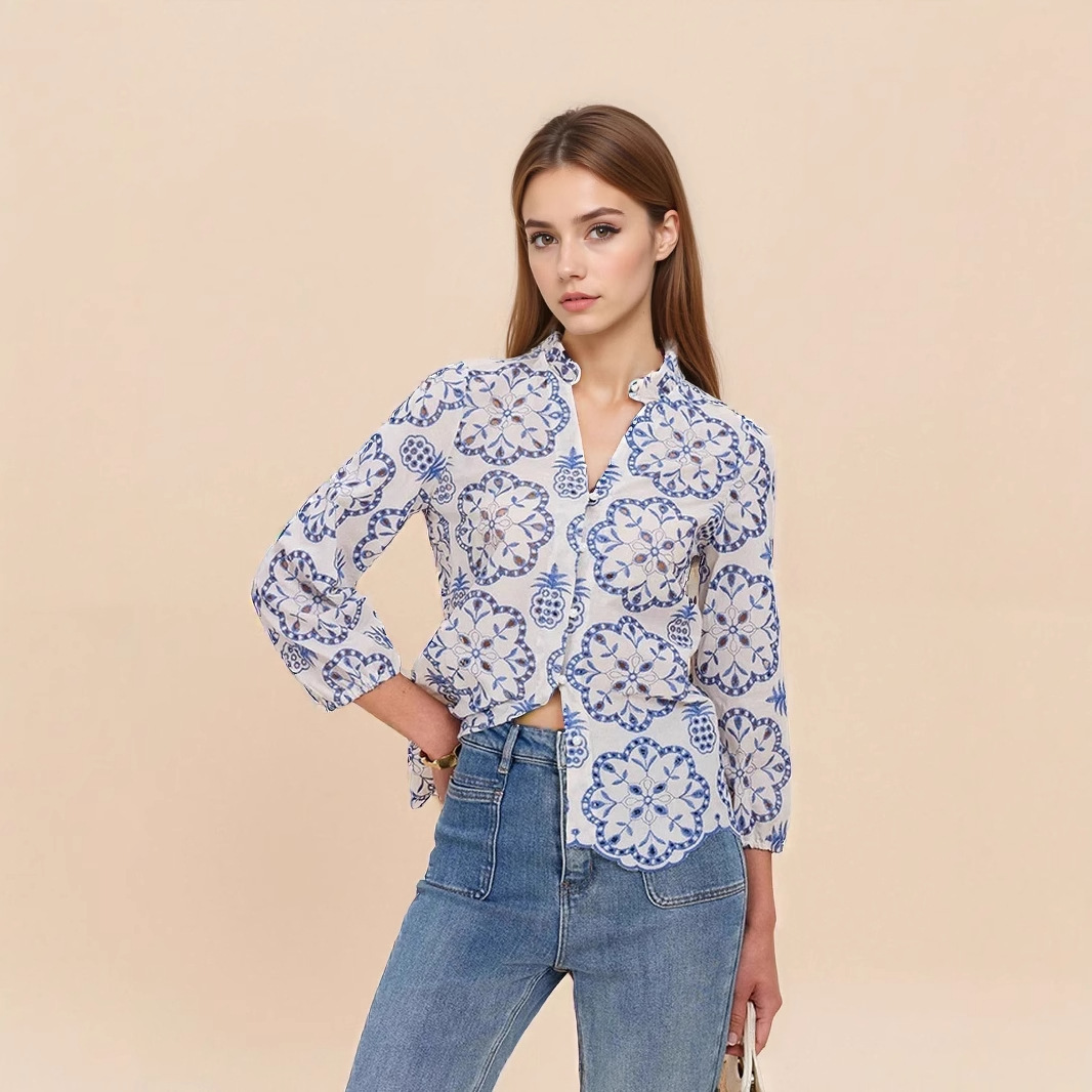 Patterned Stand-up Collar Button-up Top Casual Shirt